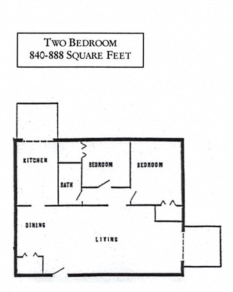 Floor plan for 2 beds, 1 bath, 850 sqft